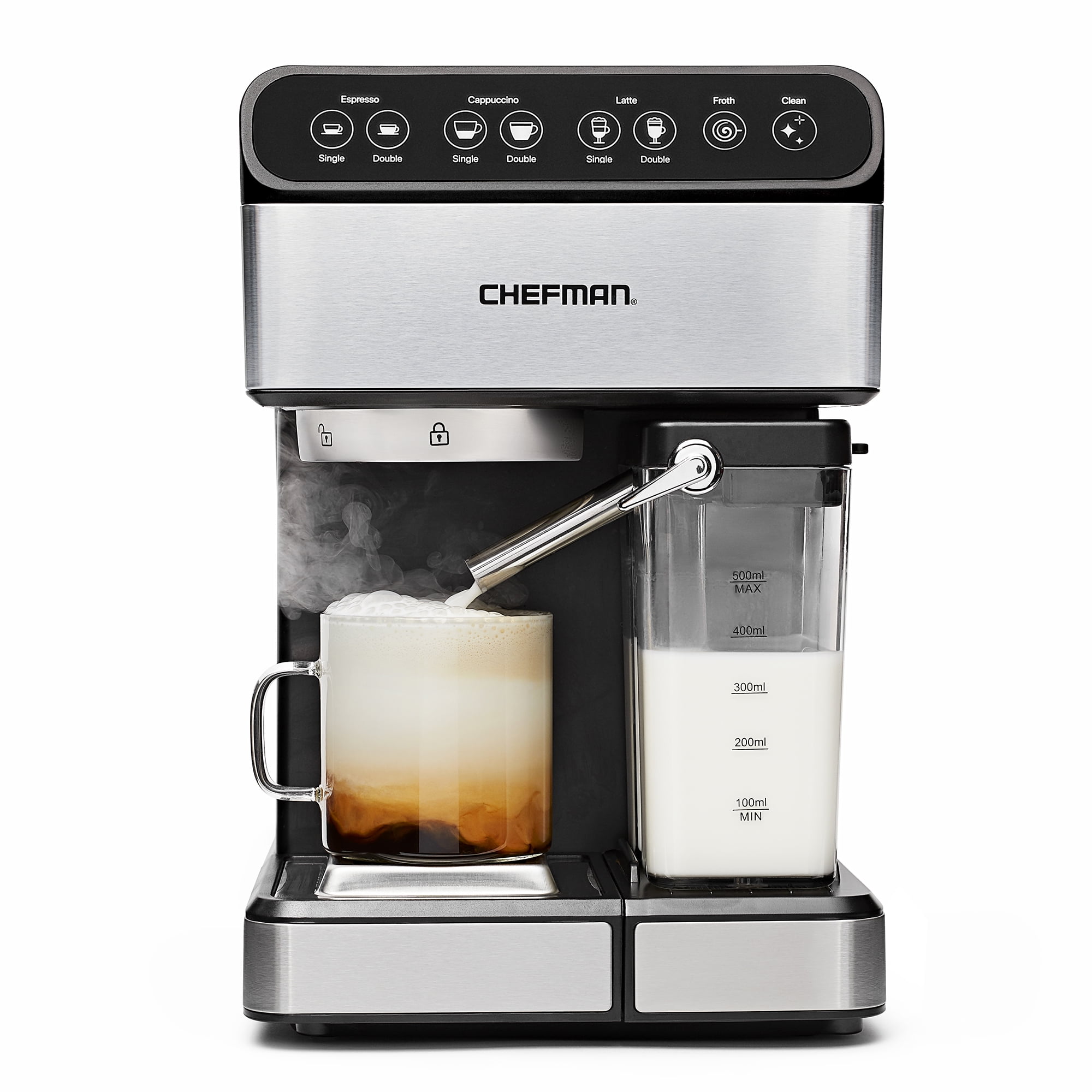 Chefman Digital Espresso Machine with Milk Frother, 15 Bar, Silver Stainless Steel, New