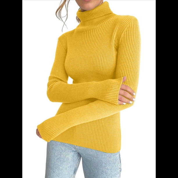Suéteres Acanalados para Mujer, Lindos Suéteres de Punto de Cuello Alto, Ajustados y Cálidos Amarillo un Tamaño