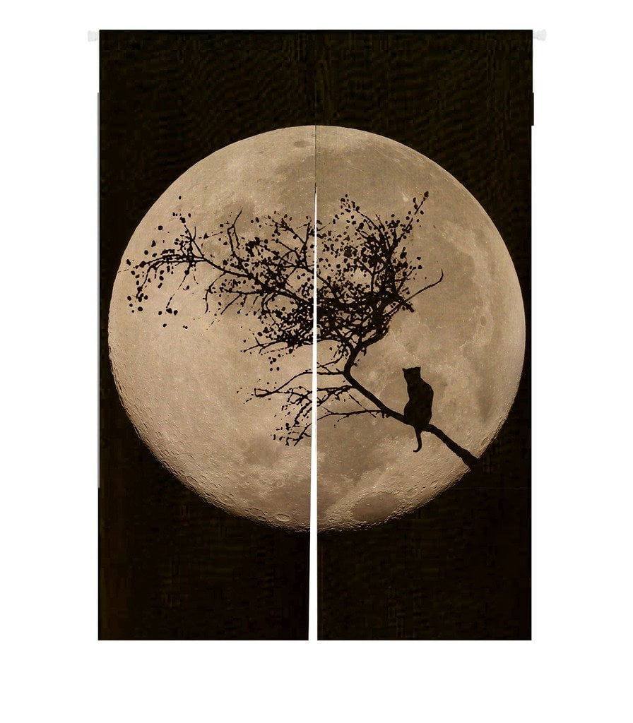GCKG Fullmoon Black Cat Doorway Curtain Japanese Noren Curtains Door Curtain Entrance Curtain Size 85x120 CM