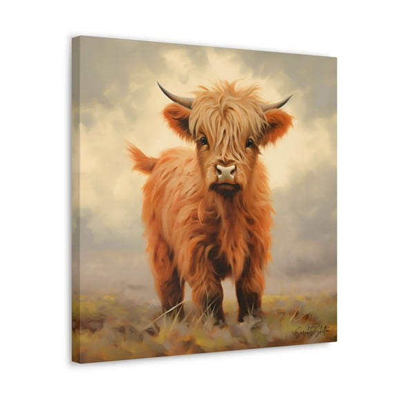 Precious Baby Highland Cow Painting Print on Canvas | Farmhouse Wall Decor