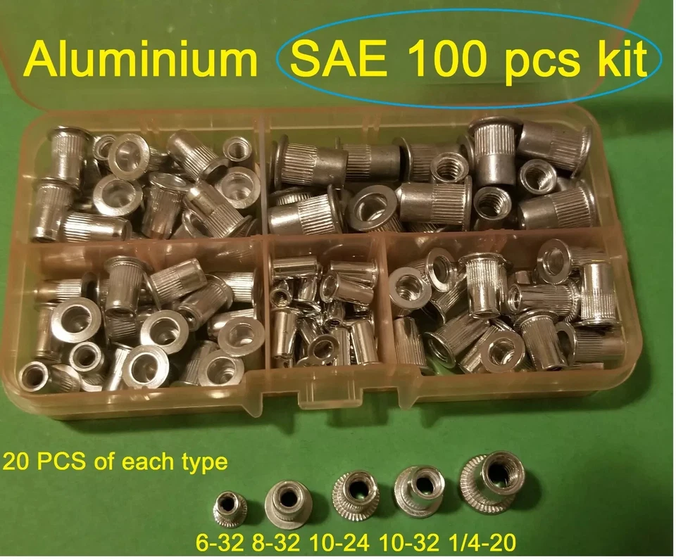 PRIME - (100 Pcs) Sae Rivet Nut Rivnut Aluminum Assort Kit 6-32 8-32 10-24 10-32 1/4-20
