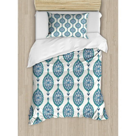 Turkish Pattern Duvet Cover Set Twin Size, Artistic Leaves in Symmetrical Order Ancient Cultures of the East Theme, Decorative 2 Piece Bedding Set with 1 Pillow Sham, Multicolor, by Ambesonne