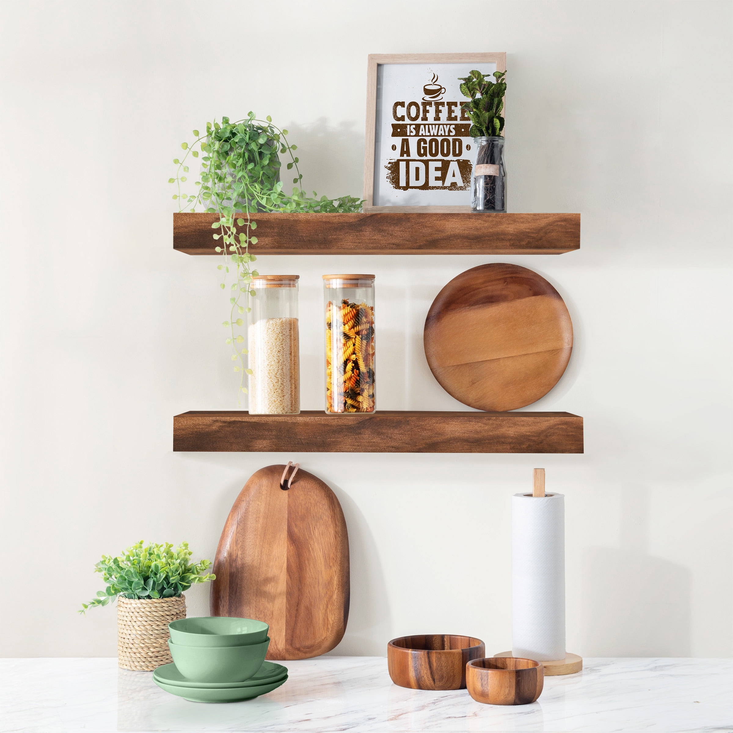 Sorbus Wood Floating Shelves for Wall - 16” Solid Wood Wall Shelves for Bathroom Decor, Books, Bedroom & Living Room - Set of 2 Wall Mounted Kitchen Shelves - Durable 100% Premium Solid Pine