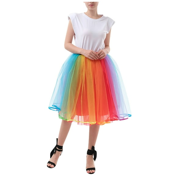 asdoklhq Skirt for Women Plus Size,Tutu Cute Tulle Cute Rainbow colour Ball Gown Party Skirt