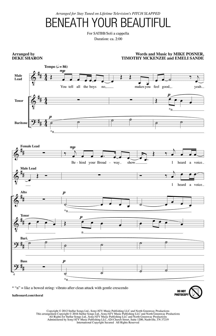 Hal Leonard Beneath Your Beautiful From Pitch Slapped Satbb A Cappella Arranged By Deke Sharon Walmart Com