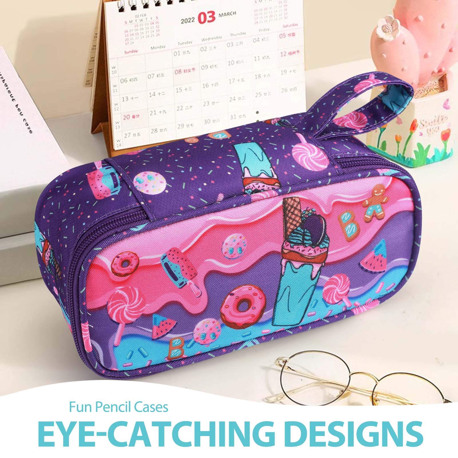Cartuchera de lona Livhil para niñas y niños, estuche para lápices para útiles escolares de primaria, diseño de postre 6