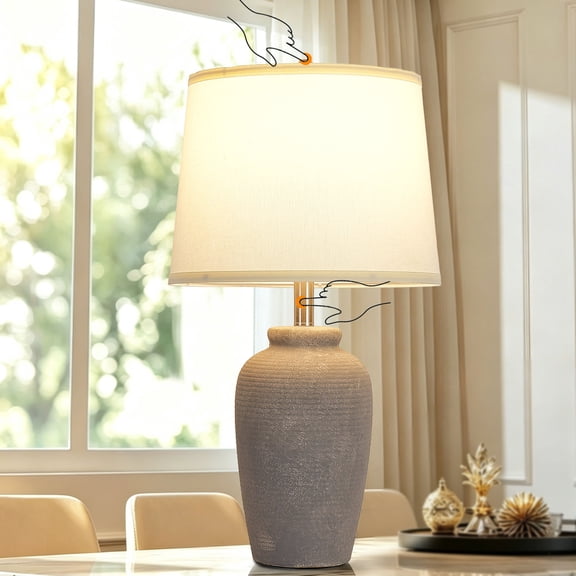 24" Modern Grey Ceramic Table Lamp, Touch Control Grey Desk Lamps for Living Room, Farmhouse Bedside Lamps for Nightstand