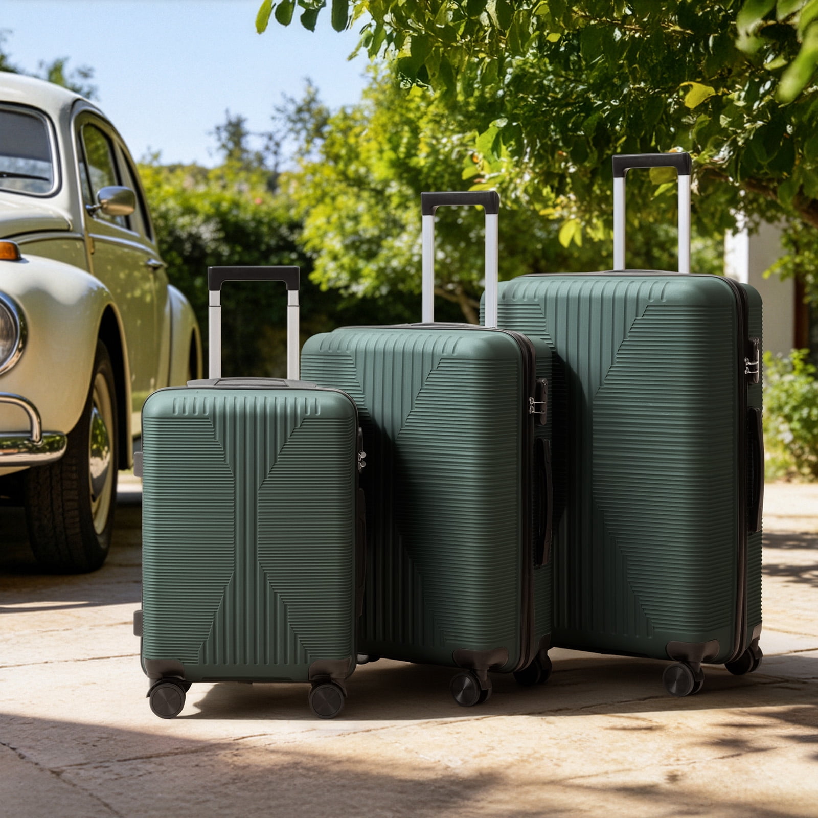 Dark Green PP 3 Piece Luggage Set 20/24/28 Inch 360 Silent Spinner Wheels Carry On Suitcase for Family Business Travel
