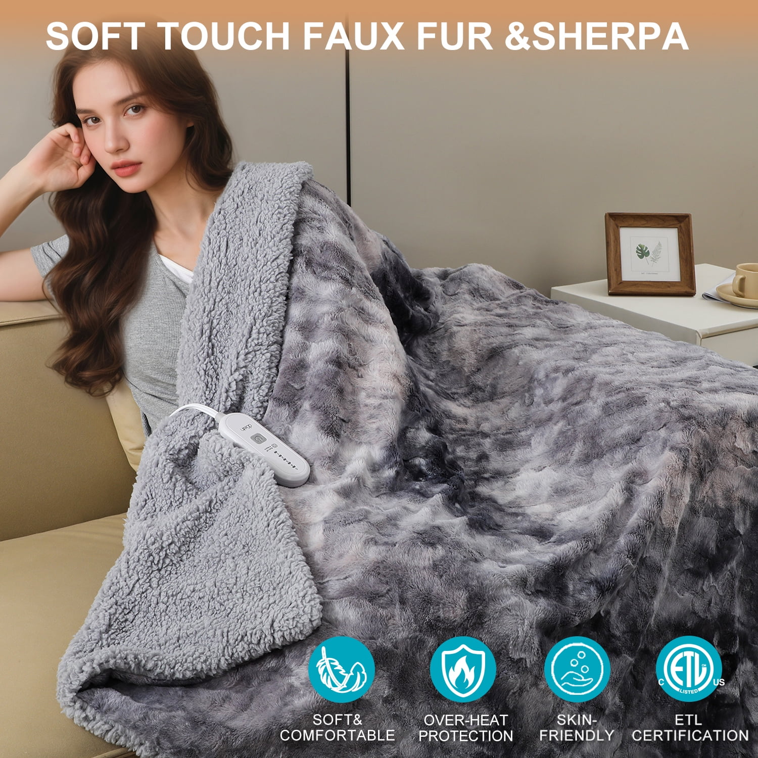 Dowin Electric Blanket Full Size 72"x84", Fast Heating Soft Faux Fur Heated Blanket, 5 Heat Settings & 10 Hrs Auto Off , Machine Washable, Over-Heat Protection,Home Office Use,Grey