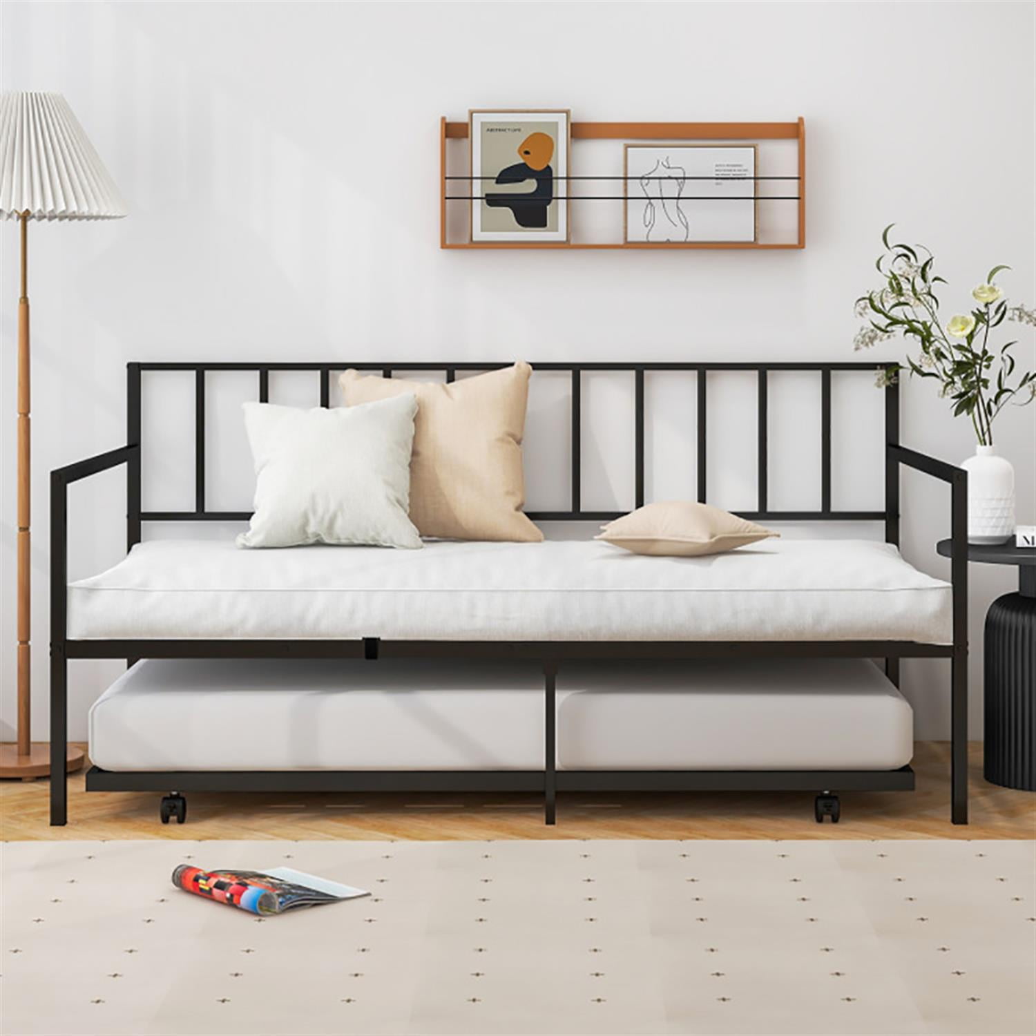 Demi Bonn Twin Size Daybed and Trundle Frame Set Trundle Bedframe, Modern Bed Frame for Teens, Black