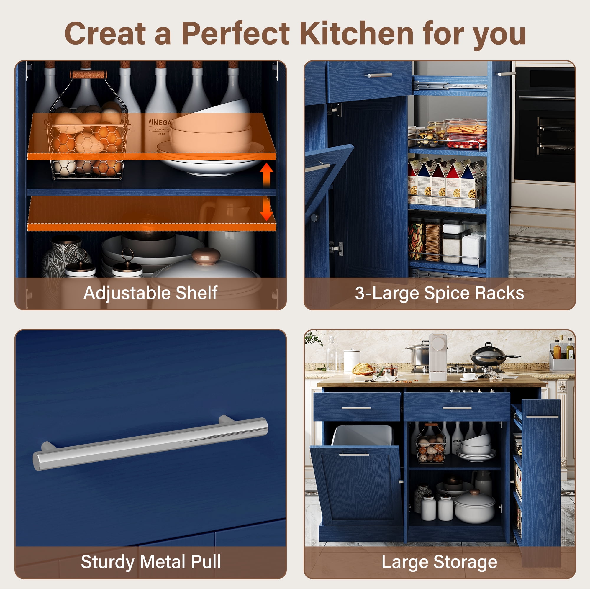 4 EVER WINNER 53" Rolling Kitchen Island on Wheels, Mobile Kitchen Cart with Trash Can Storage, 3-Tier Spice Rack & Adjustable Shelves, Kitchen Island Table for Storage & Organization, Blue