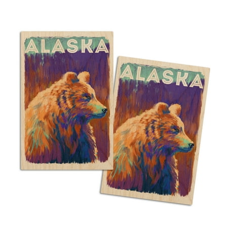 

Alaska Grizzly Bear Vivid Watercolor (4x6 Birch Wood Postcards 2-Pack Stationary Rustic Home Wall Decor)