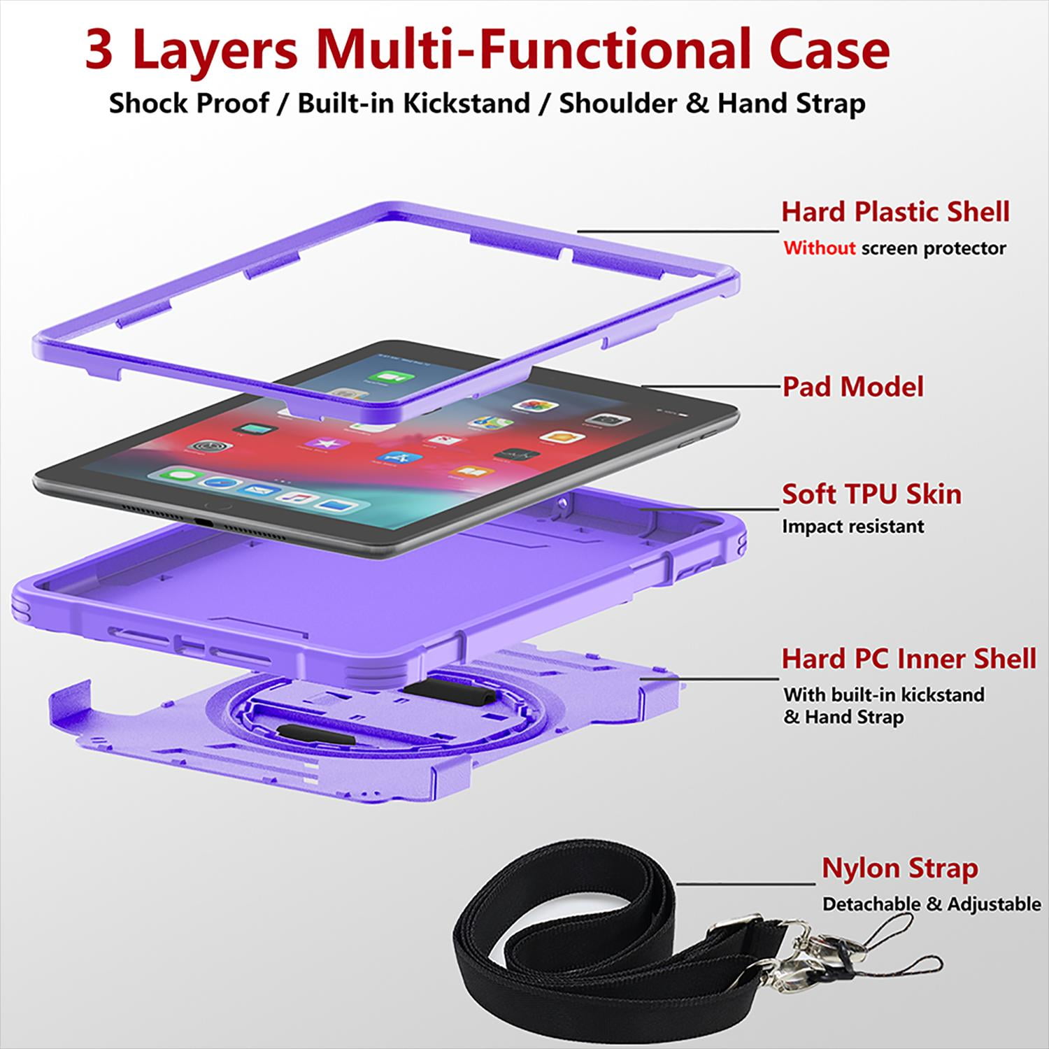 Shockproof Case for Apple iPad 6th 5th Generation, with Pencil Holder Military Grade Protection Rotating Stand Hand Strap Shoulder Strap Bumper Rugged Case for iPad 6th 5th Gen 9.7", Purple
