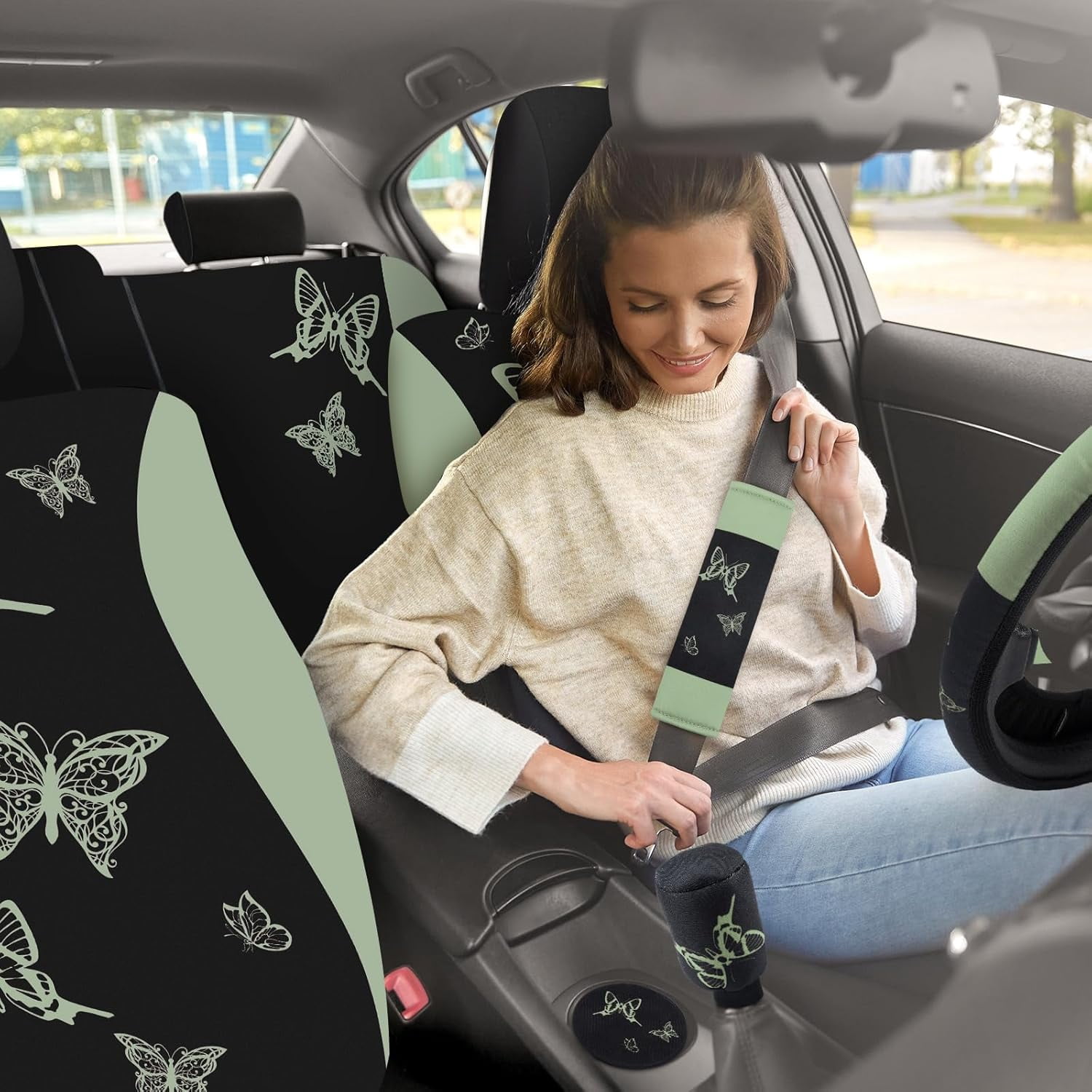 NestE-47 Pcs Butterfly Car Seat Full Set Butterfly Car Accessories for Women 5 Front Rear Seat Covers Wrist Strap 2 Pieces Cup Mat Armrest Pad 2 Belt Cover Accessories for SUV(Sage Green)