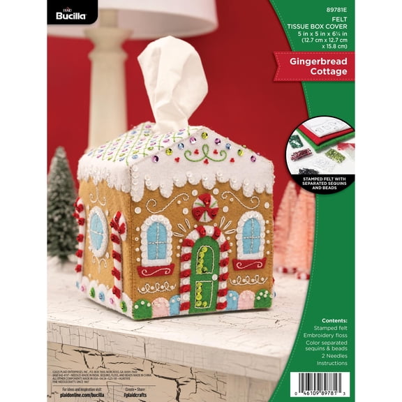 Bucilla 5" x 5" x 6.25" Gingerbread Cottage Felt Applique Christmas Tissue Box Cover Embroidery Kit