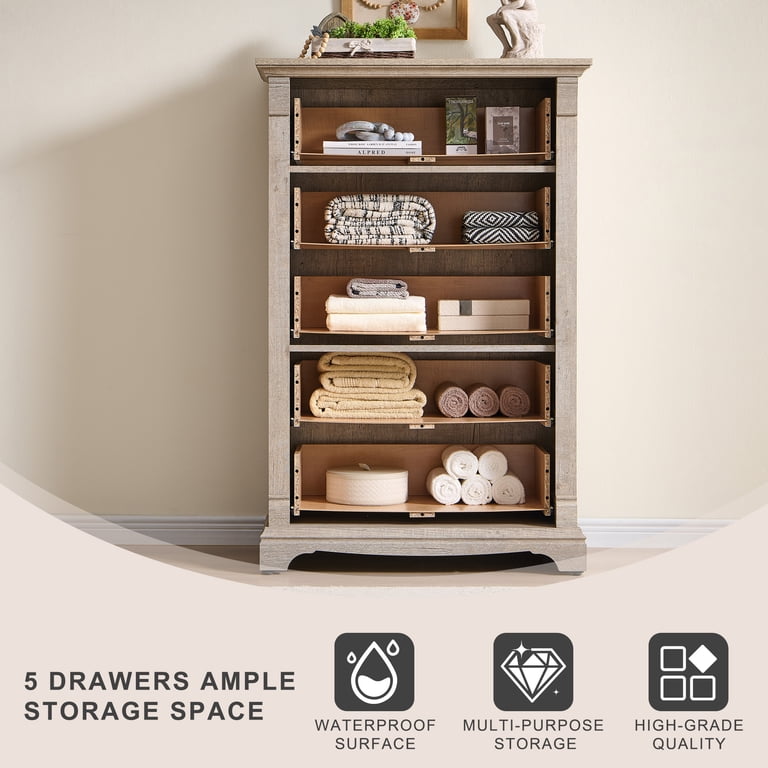 KeyWhat 47" Tall 5-Drawer Farmhouse Dresser, Light Rustic Oak photo 2