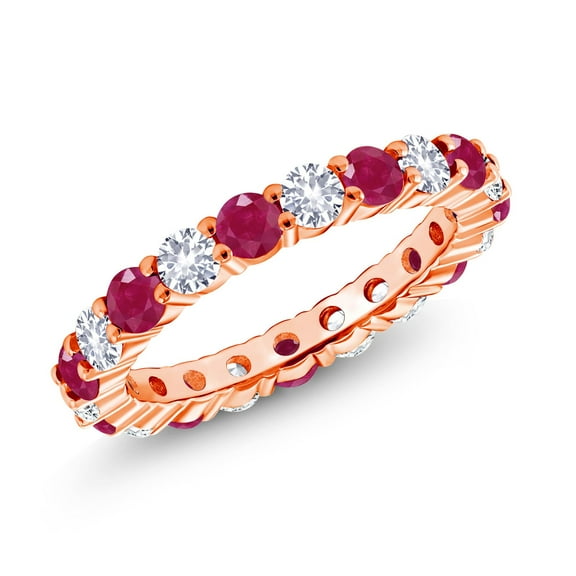 Gem Stone King 1.55 Ct Round Red Ruby and White Created Sapphire 18K Rose Gold Plated Silver Eternity Band Ring (Size 6)