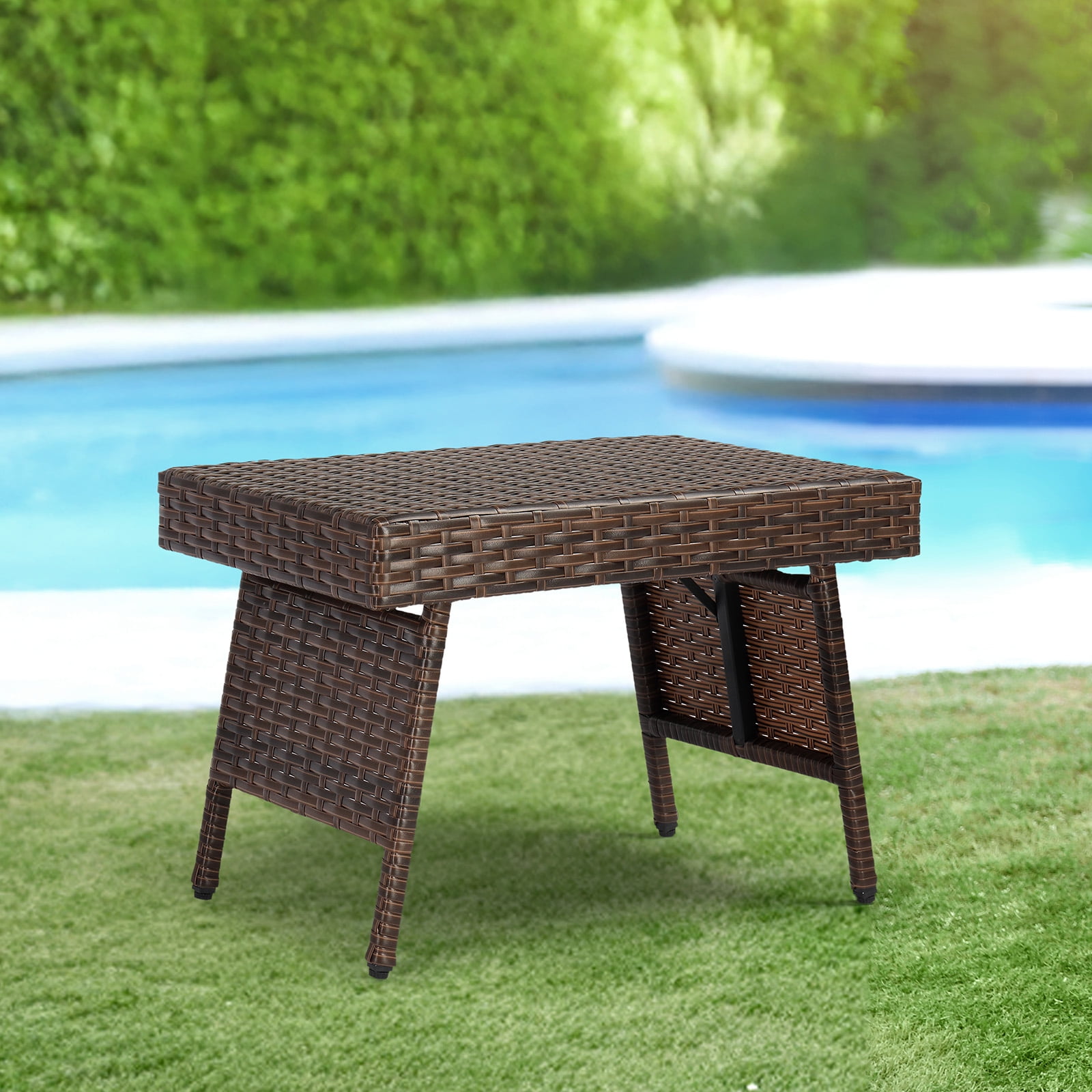 Outdoor Folding Side Table, Patio Rattan Coffee Table with PE Wicker & High-Duty Steel Frame for Garden Courtyard Poolside, Brown