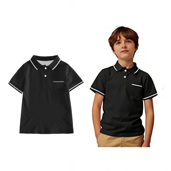 Polo Shirt for Boys Short Sleeves Black Button up Shirt Boys Casual Collared Shirts School Uniform Summer Shirt 9-10 Years