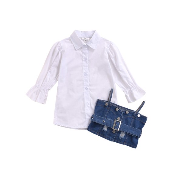Xingqing Robe t-shirt à manches longues pour bébé fille et débardeurs en denim à lacets Tenues décontractées