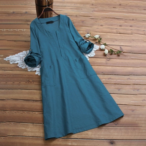 Ovafbau Women Fall Long Sleeve Cotton Linen Maxi Dress Women's Solid Linen V Neck A Line Long Sleeve Pocket Dress Fall Dresses
