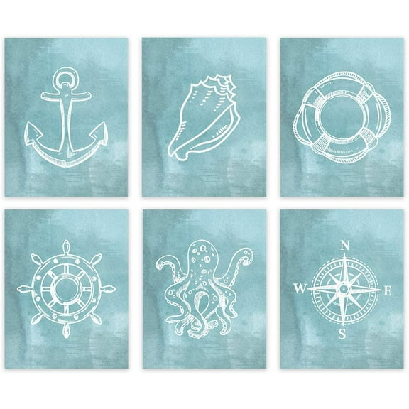 Koyal Wholesale Nautical Sailor Theme Nursery Hanging Wall Art, Watercolor Aqua Blue, Compass, Anchor, Shell Graphics