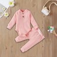 thumbnail image 3 of MHZLDYZ Newborn Fall Winter 2Pcs Outfits Baby Boy Girl Clothes Set Ribbed Outfits Unisex Infant Solid Color Long Sleeve Tops Pants Set (Pink,60), 3 of 6
