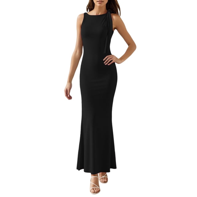 Vestido liso de un solo hombro para mujer - Vestido largo de poliéster, cuello redondo, cintura alta, adecuado para fiestas/vacaciones, S-L