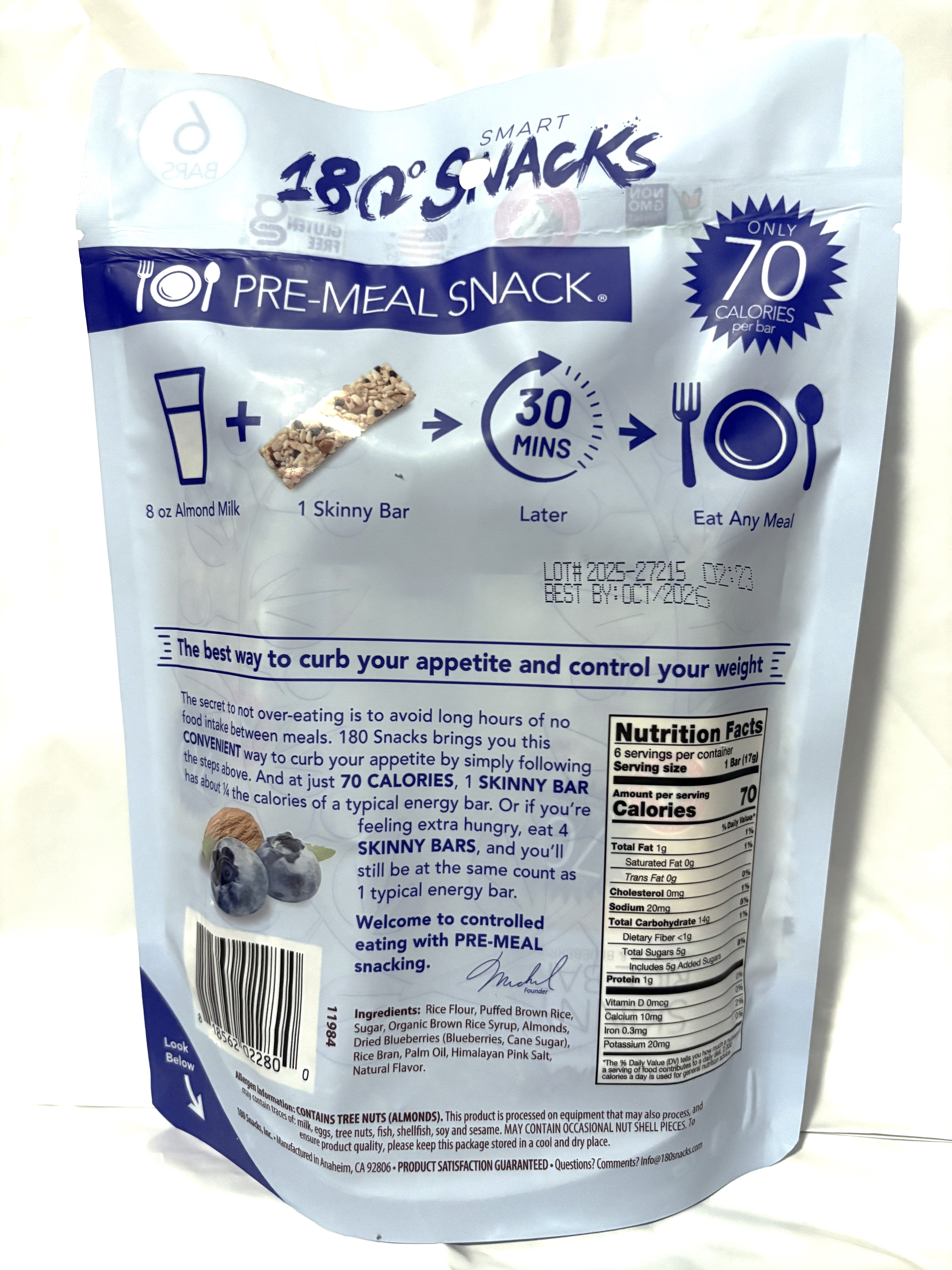 180° Snacks Skinny Rice Bars, Almonds & Blueberries, Gluten Free, Vegan, 6 Bars, 3.6 oz