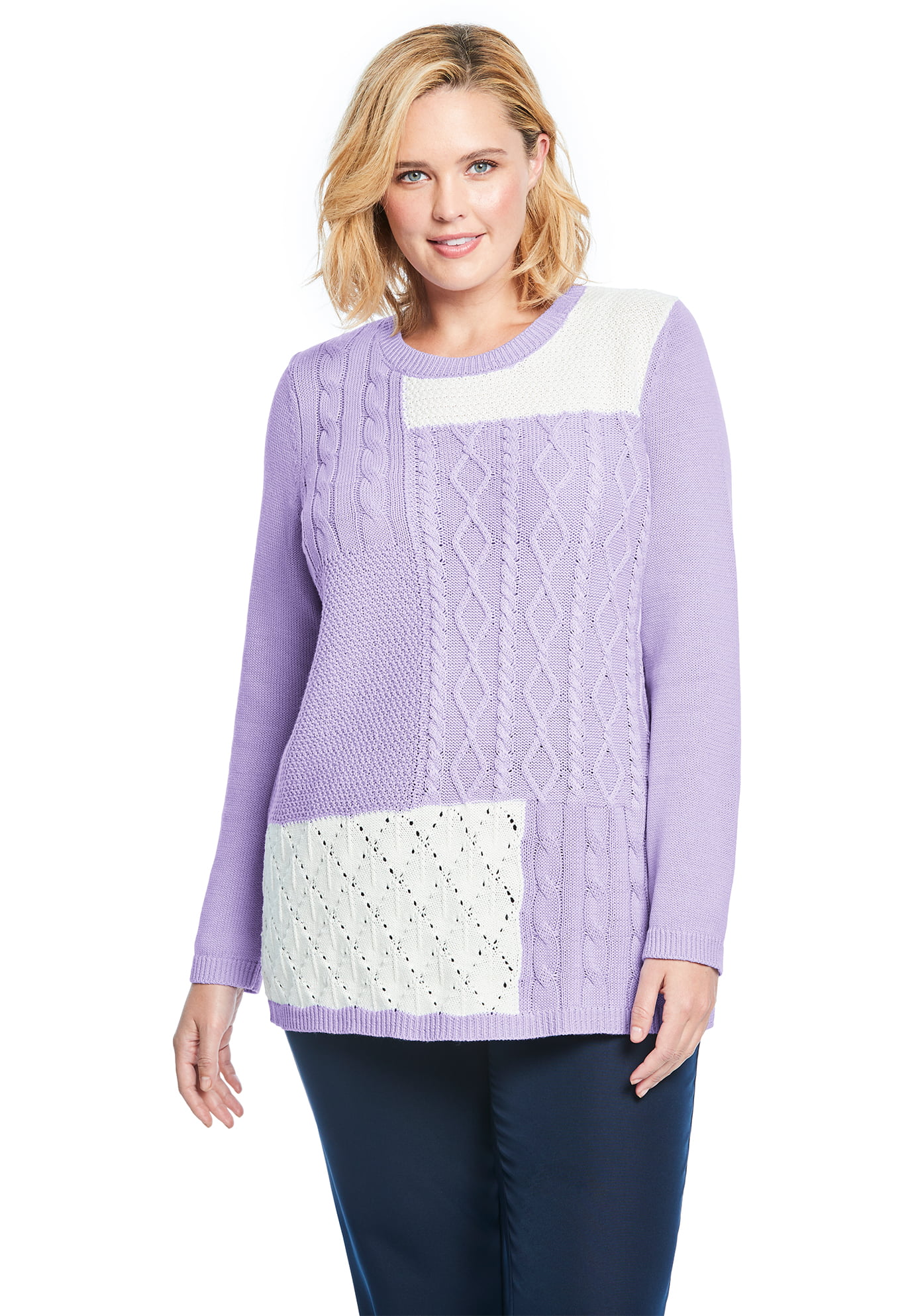 Woman Within Womens Plus Size Patchwork Long-Sleeve Pullover Sweater