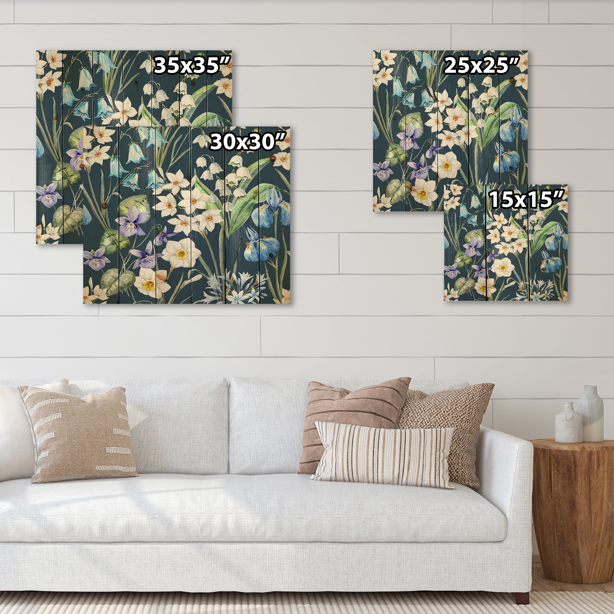 Designart 'Blue and White Spring Flowers On Dark Blue' Traditional Print on Natural Pine Wood