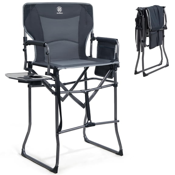 EVER ADVANCED Tall Folding Camping Director Chair with Side Table, 30.7" Seat Height for Makeup Artists, Sports & Outdoor Events, Grey