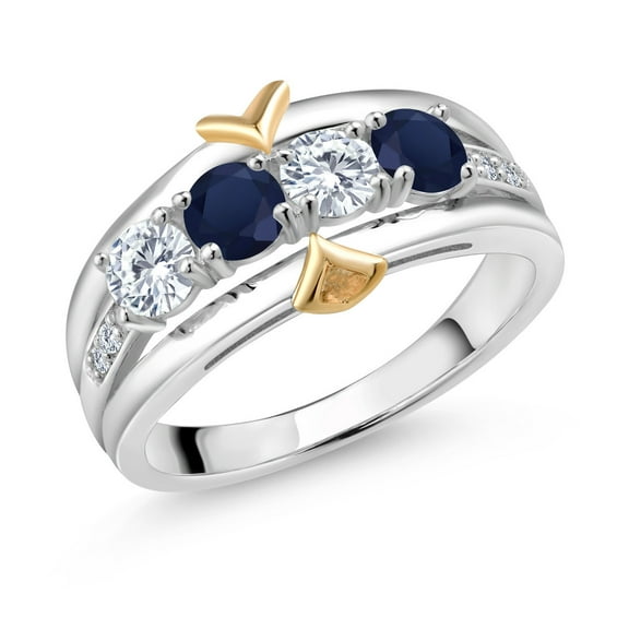 Gem Stone King 1.29 Ct E-F Lab Grown Diamond Blue Sapphire 925 Silver and 10K Yellow Gold 4-Stone Band Ring (Size 7)