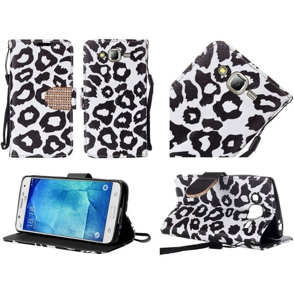 GSA Leopard Folio Flip Wallet Case For Samsung Galaxy J7 (2015), J700 - Black/White