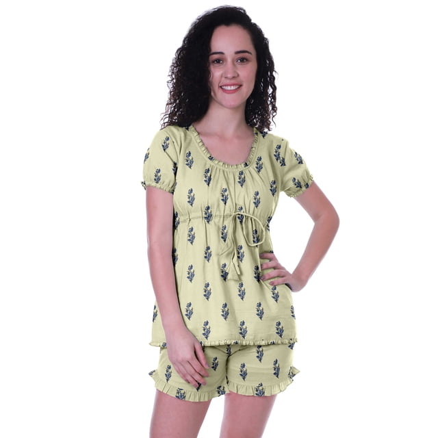 Moomaya Pyjama en Coton pour Femmes Ensemble de Nuit 2 Pcs, Ensembles de Pyjama avec Shorts
