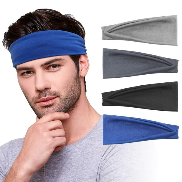 Diademas para hombres, diadema de yoga para entrenamiento, diadema de algodón elástica antideslizante, bandas para la cabeza para el sudor para deportes, correr, fitness (4 unidades)