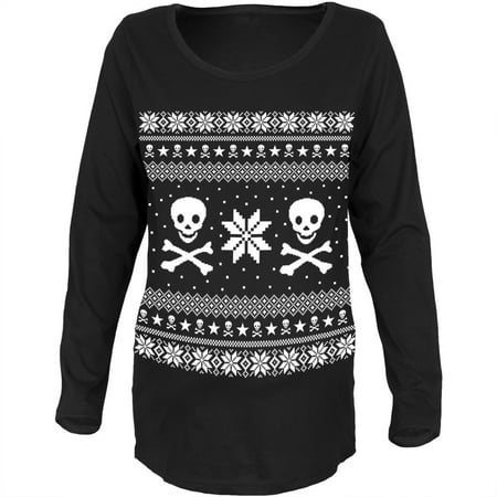 

Skull & Crossbones Ugly Christmas Sweater Black Womens Soft Maternity Long Sleeve T-Shirt