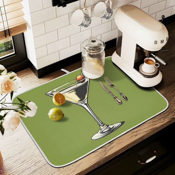 Yayeee Dish Drying Mat for Kitchen Counter 16" x 18" Microfiber Super Absorbent Coffee Decorative Pad, Light Black Martini