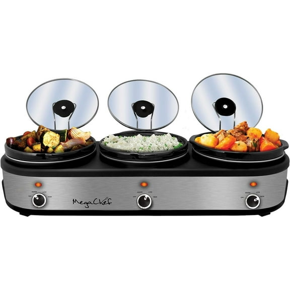 HTYSUPPLY Triple 2.5 Quart 3-Crock Brushed Silver and Black Slow Cooker