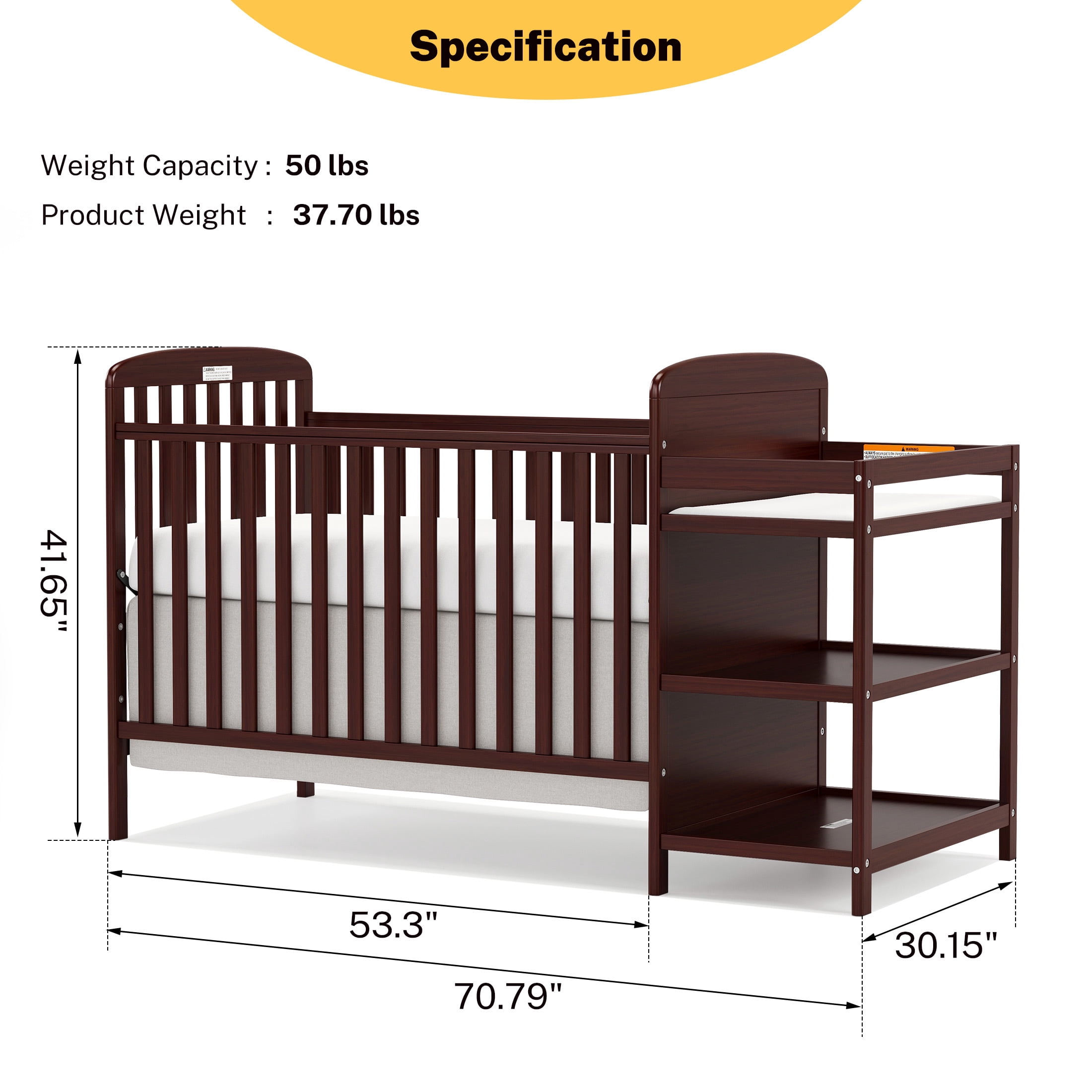 Conchico 3-In-1 Convertible Crib and Detachable Changer, New Zealand Pinewood Baby Crib, Toddler Daybed Bed with 3 Heights, Non-Toxic Finish, Easy to Assemble, Espresso