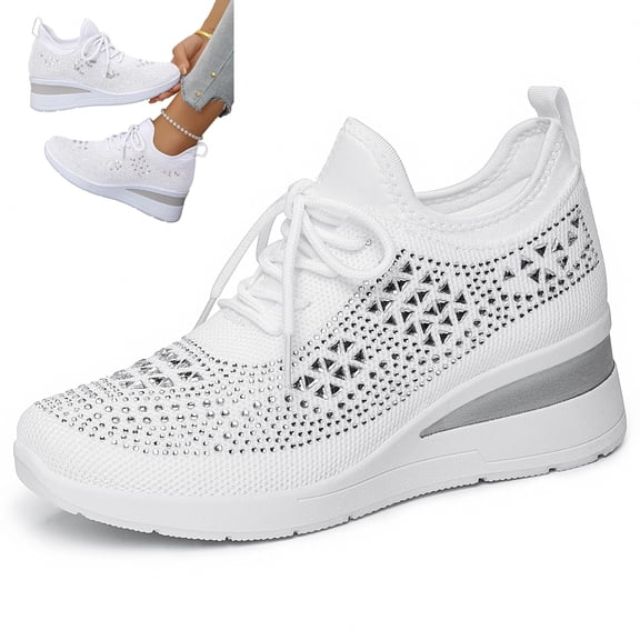 SACFOF Women's Glittery Rhinestone Fashion Breathable Wedge Sneakers, Bling Sparkly Wedding Dressy Knitted Tennis Shoes