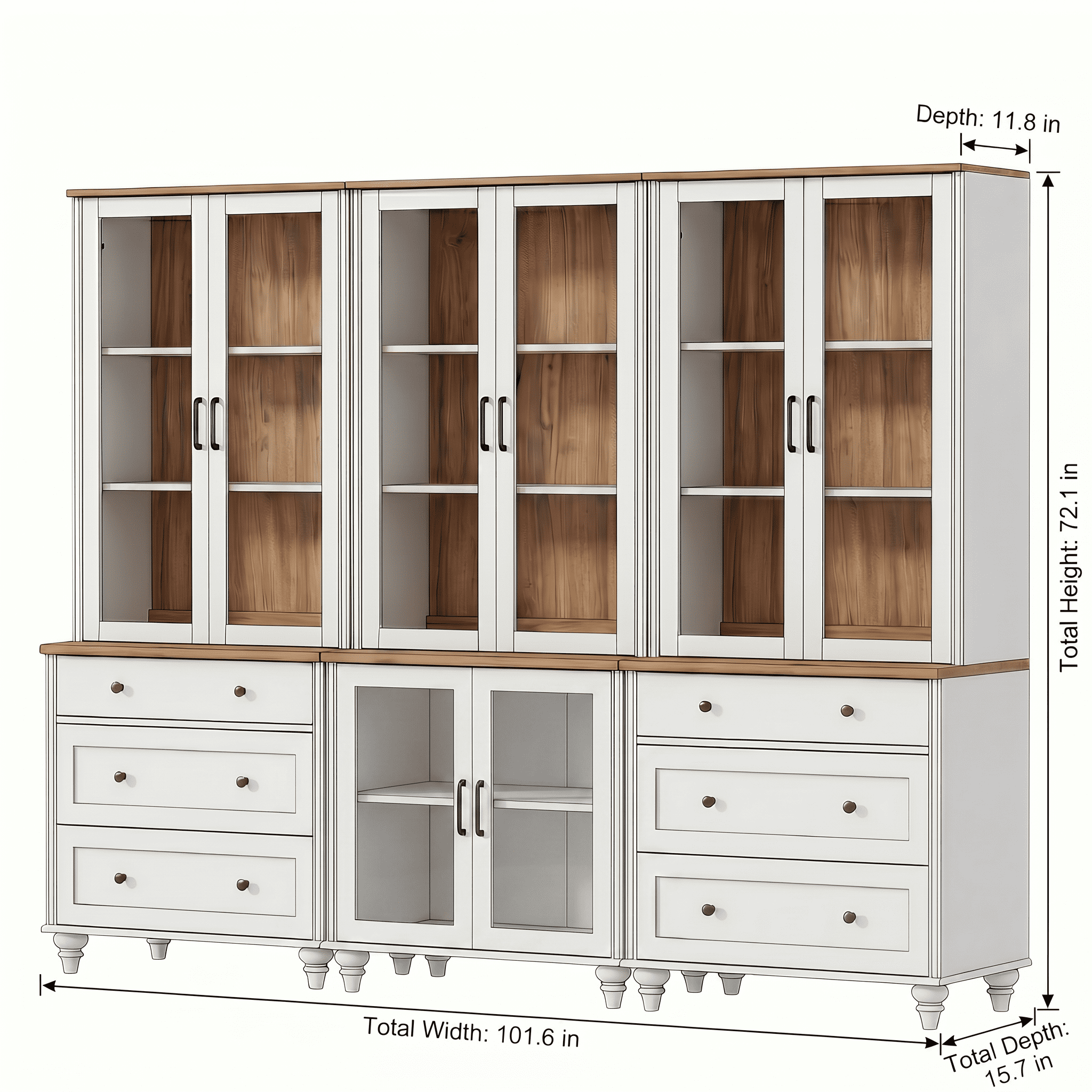 Sideboard Buffet Cabinet with Storage, 5-Tier Bookcase with Glass Doors and Adjustable Shelf, Wooden Bookshelves for Living Room, Office, Kitchen, White, 72" H