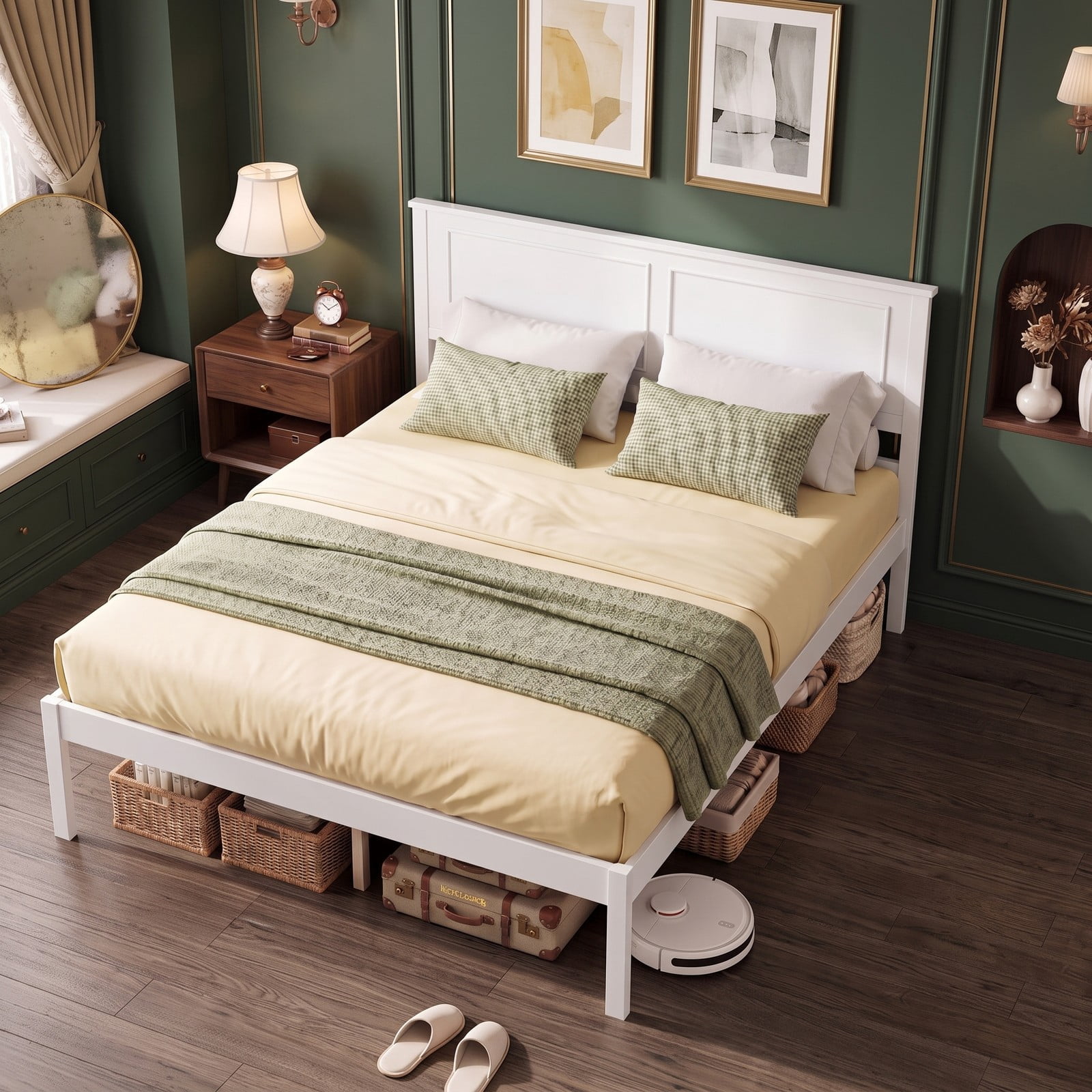 Furnibear Full Size Farmhouse Wood Bed Frame Platform Bed with Paneled Headboard and Under Bed Storage for the Bedroom, White