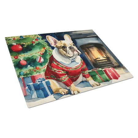 

French Bulldog Cozy Christmas Glass Cutting Board Large 12 in x 15 in