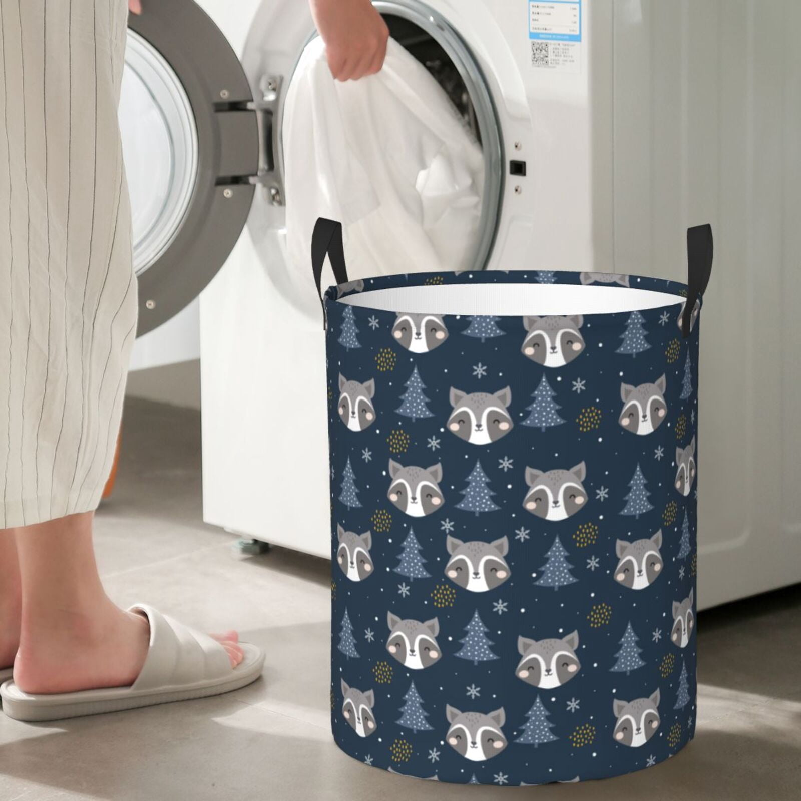 Large Laundry Basket with Handles - Cute Christmas Tree Raccoon Kids Baby Dirty Clothes Laundry Hamper for Bedroom Aesthetic