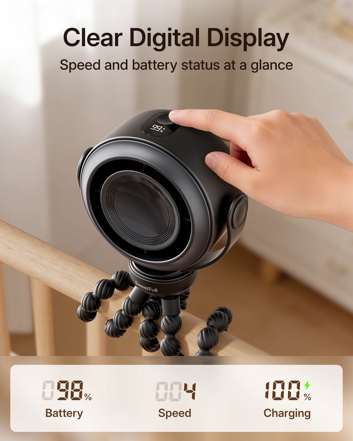 SWEETFULL Portable Stroller Fan, Pinch-Proof Baby Fan, 10H Battery, 5-Speed Quiet Mini Clip on Fan, USB-C Rechargeable with LED Display for Car Seat, Crib & Travel – Black
