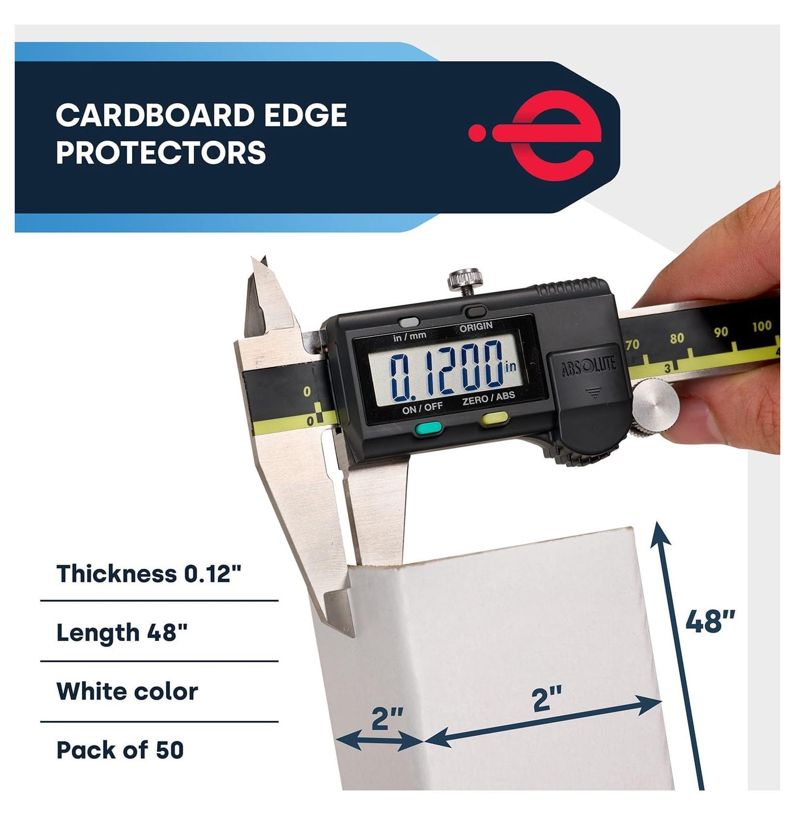 Cardboard Edge Protectors for Shipping - 2"W x 2"D x "L, Light Duty .120 ga, Pallet Corner Protectors, Angle Boards, White, 50/Pack