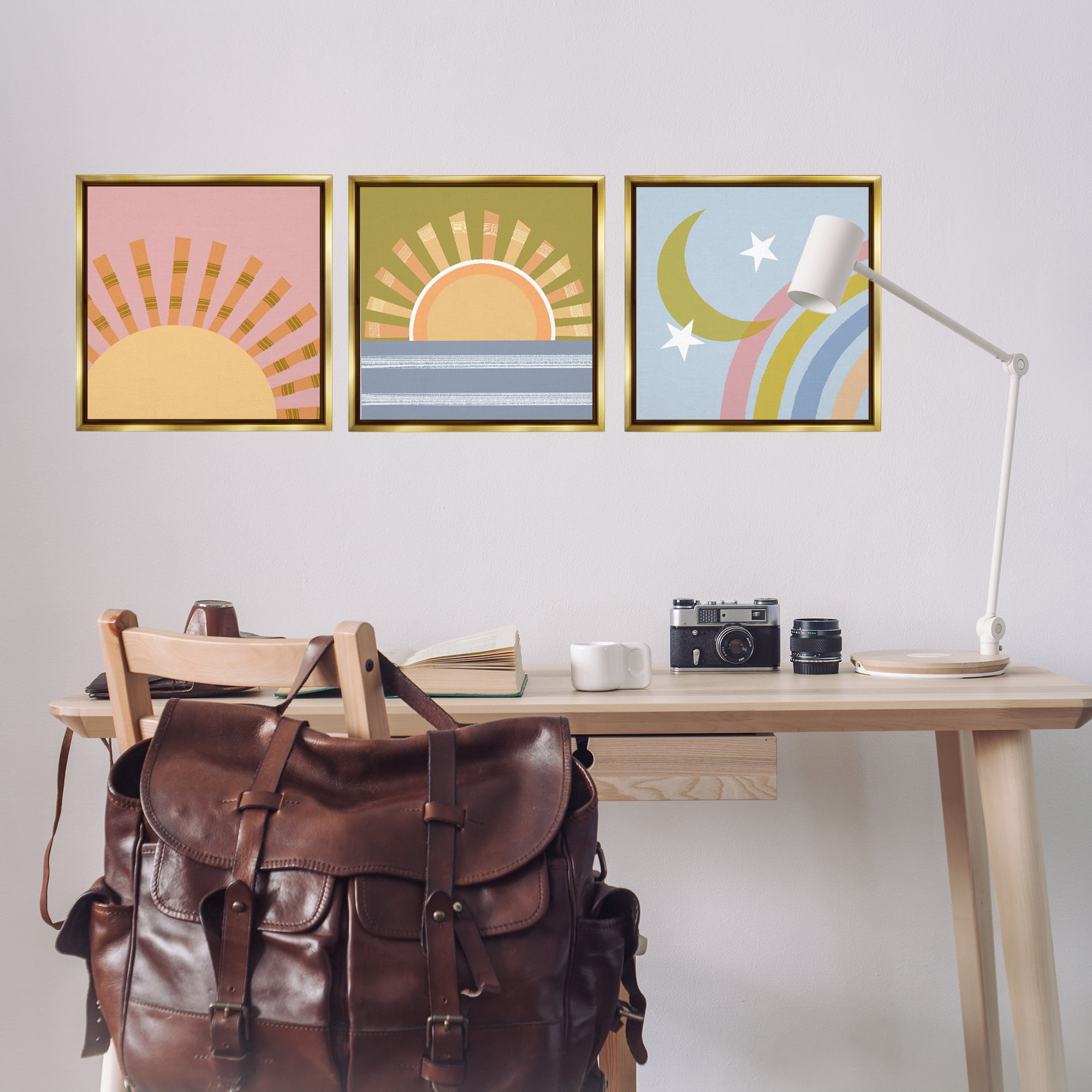 Stupell Industries Rising Sun & Moon Landscape & Nature Painting Gold Floater Framed Canvas Art Print Wall Art, 18 x 18, Set of 3