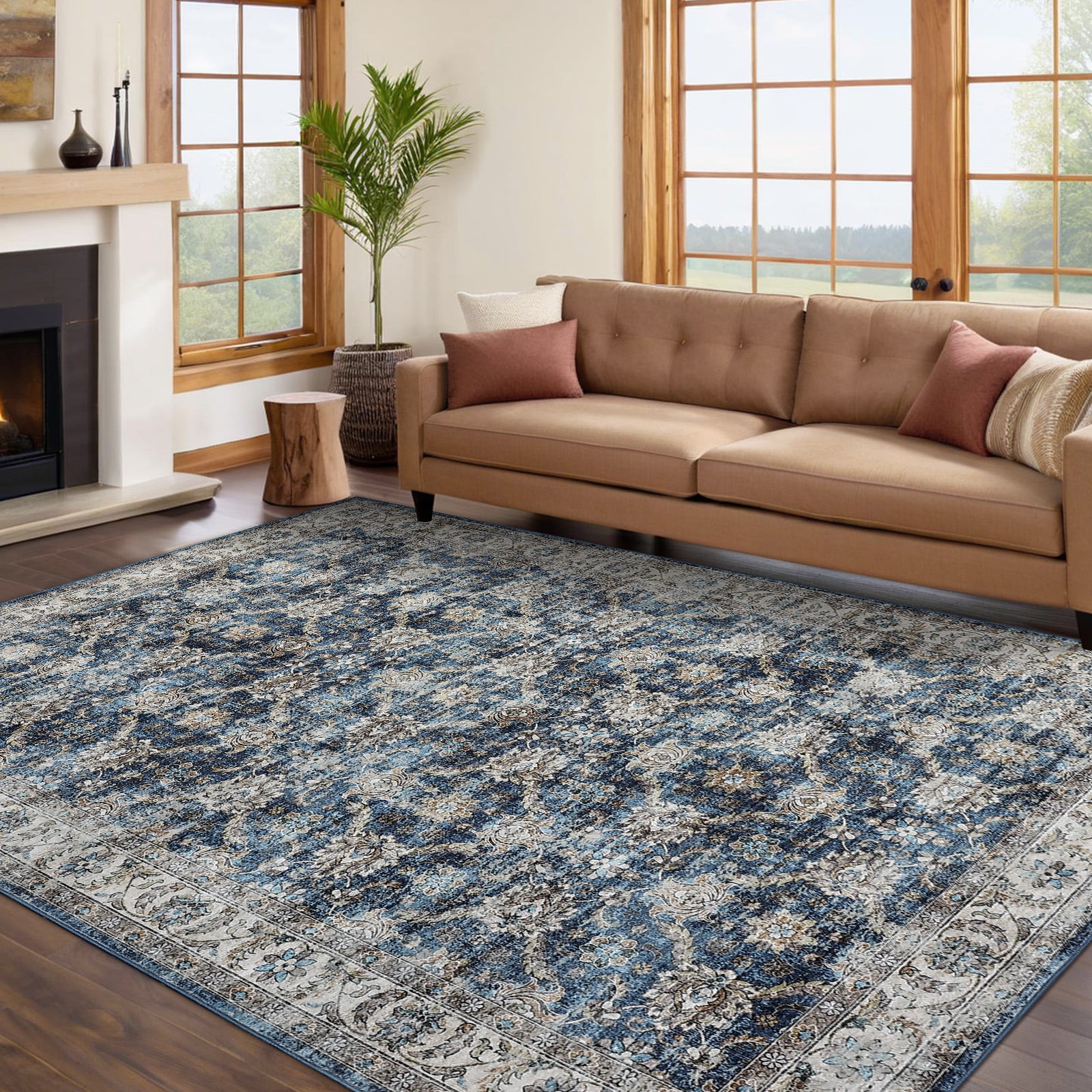 Haperlare 5'x7' Vintage Floral Area Rug Soft Oriental Carpet, Washable Rug Non Slip TPR Backing Low Pile Rugs for Living Room Bedroom Home Office, Blue