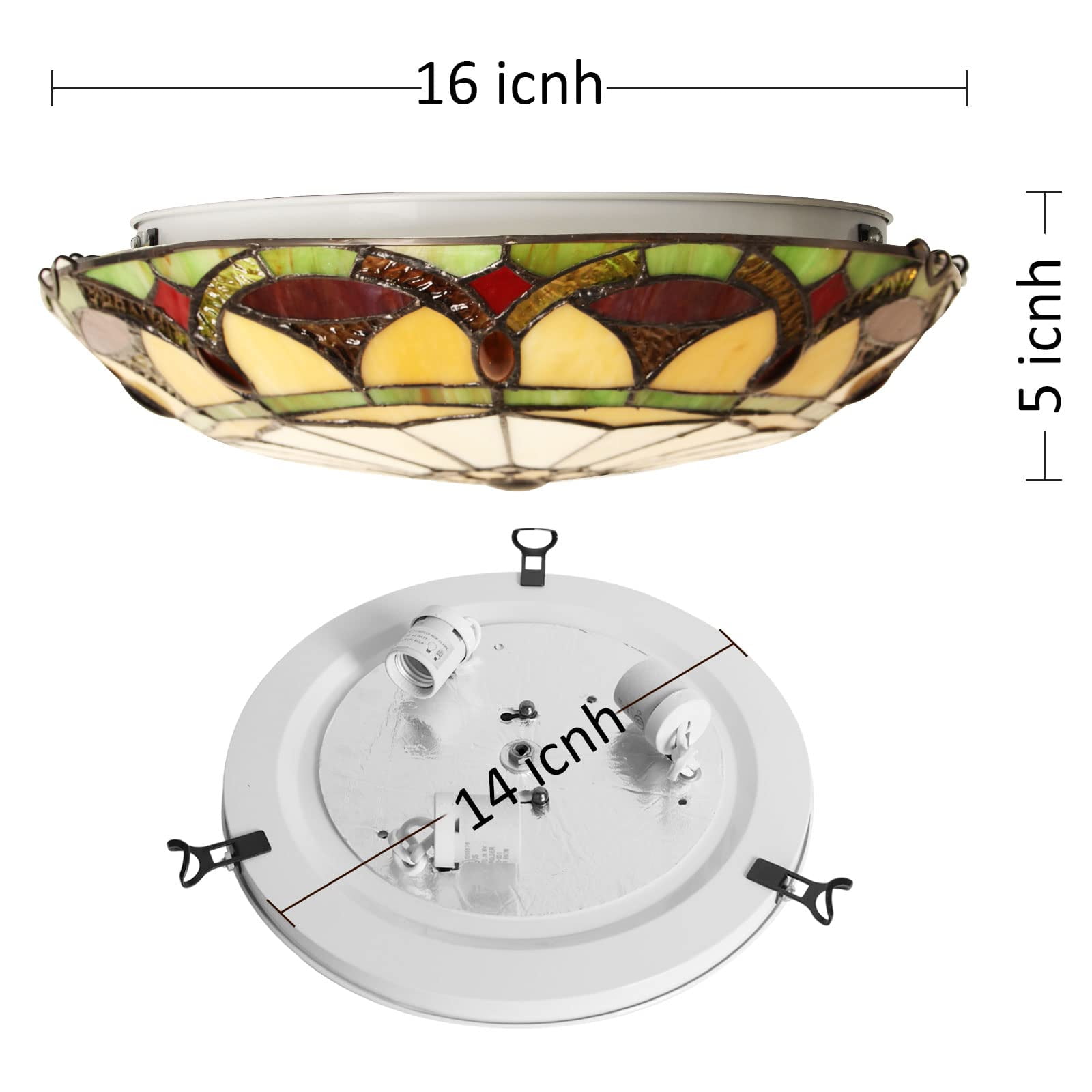 Vinplus Tiffany 3 Light Flush Mount Ceiling Light 16" White Finish with Tiffany Glass